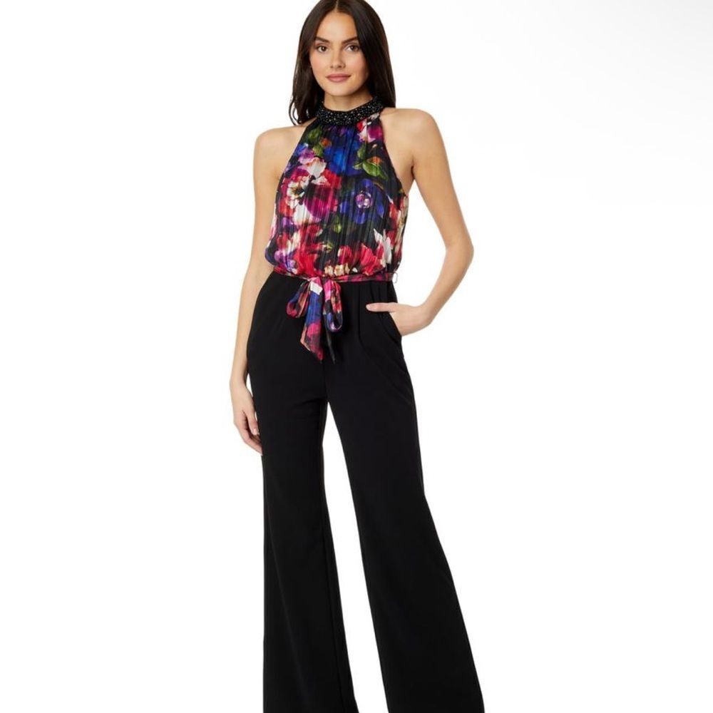 Adrianna Papell Mock Neck Printed Floral Halter Jumpsuit 12 NWT $249
